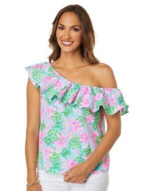 Lilly Pulitzer Zeldie One Shoulder Ruffle Top Surf Blue So Shellegant Pink Green